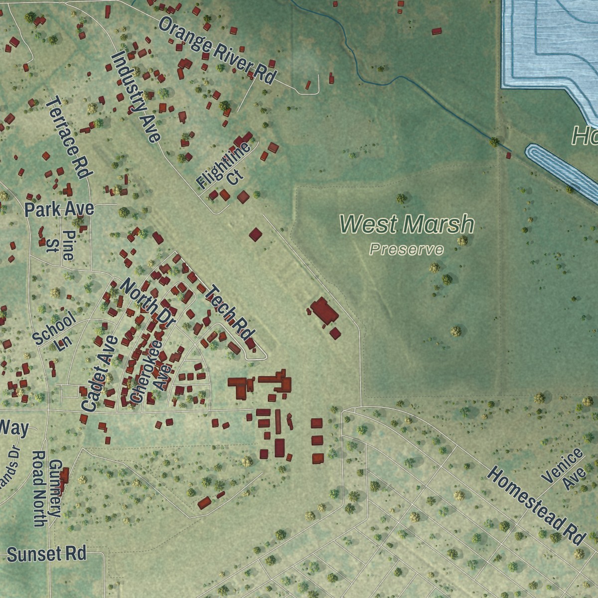 Second close-up of the map of Buckingham, Florida print showing more streets and buildings