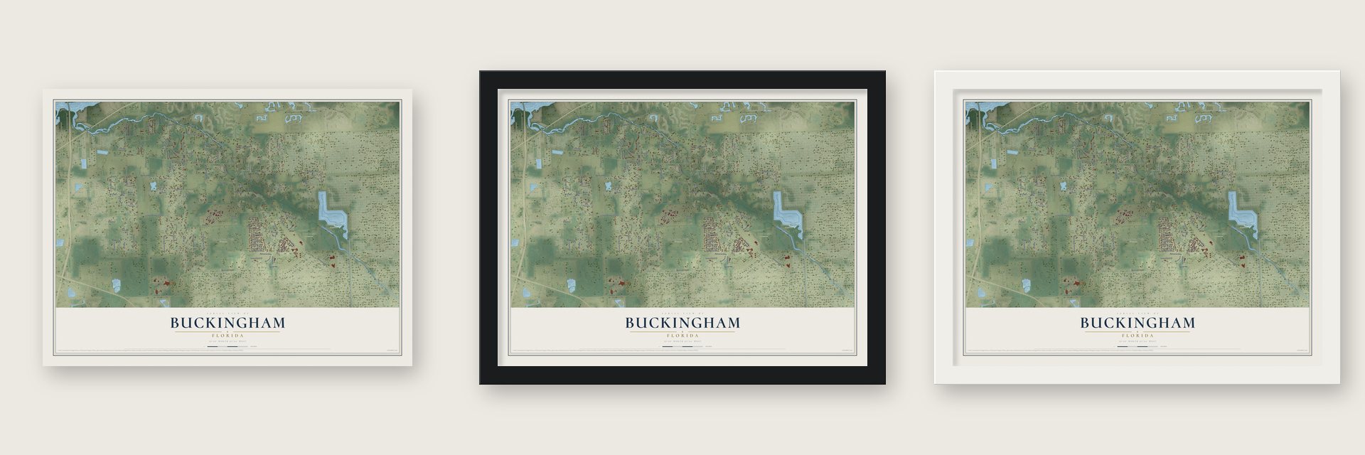 Buckingham, Florida map unframed, in a black wood frame and in a white wood frame