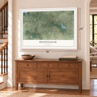 Buckingham, Florida map, 24 x 36 inch print in a white frame above a dresser by a staircase