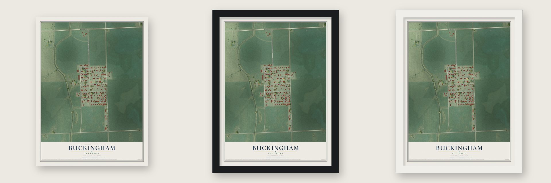Buckingham, Illinois map unframed, in a black wood frame and in a white wood frame