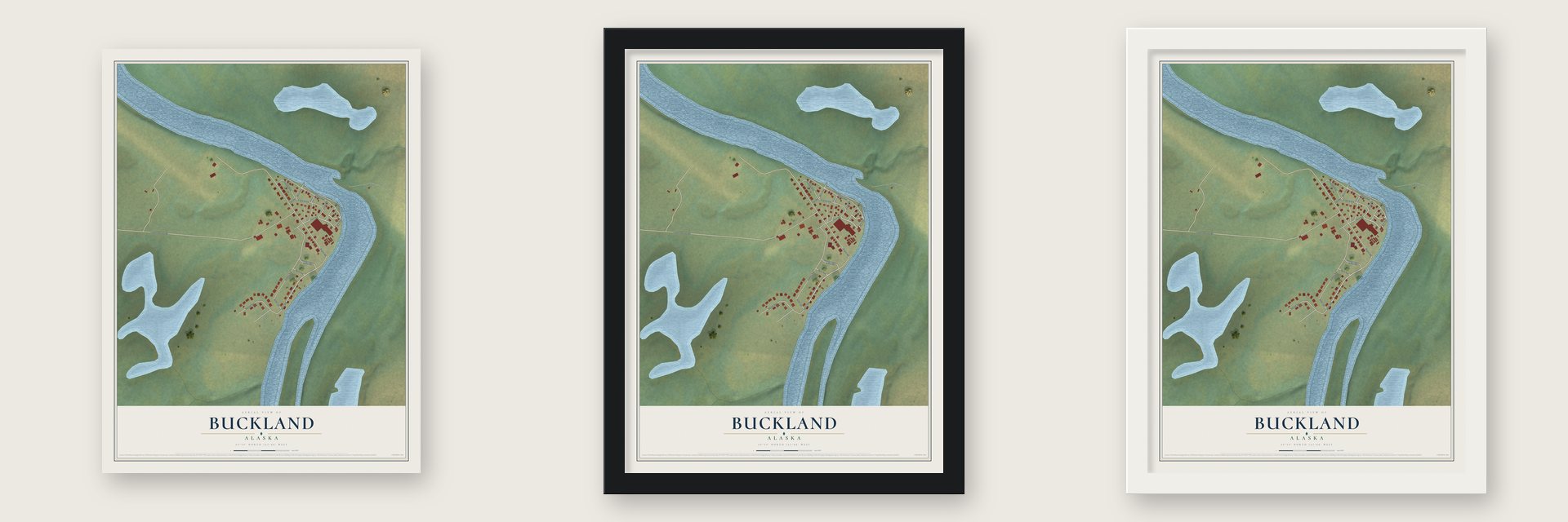 Buckland, Alaska map unframed, in a black wood frame and in a white wood frame