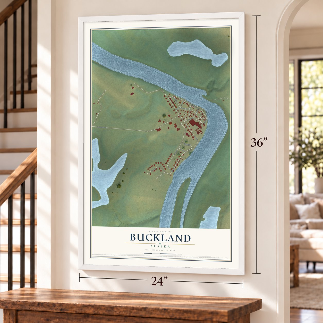 Buckland, Alaska map, 24 x 36 inch print in a white frame by a staircase