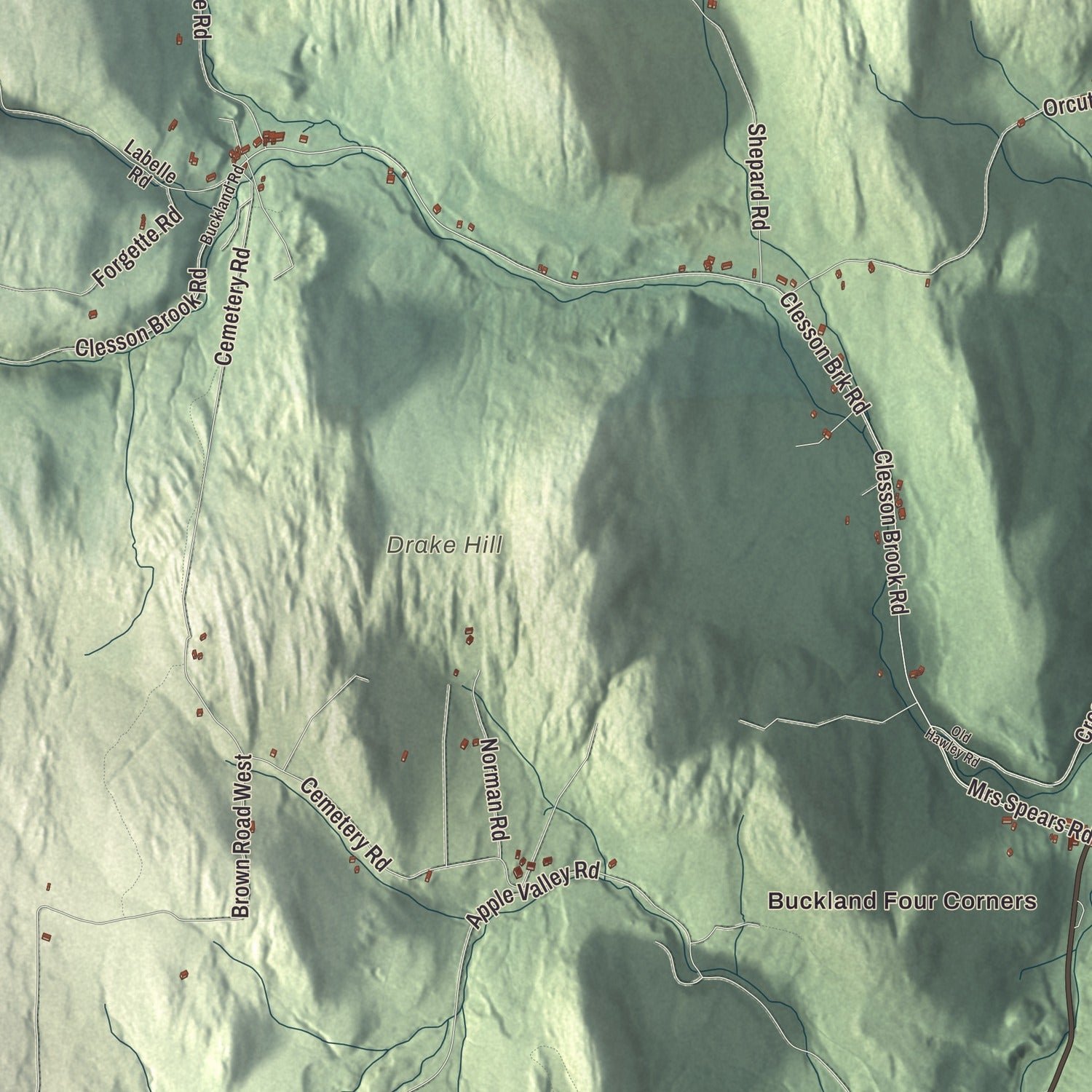 Close-up of the map of Buckland, Massachusetts print showing terrain and local geography