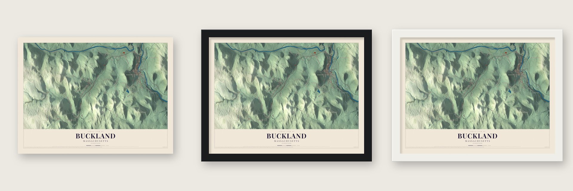 Buckland, Massachusetts map unframed, in a black wood frame and in a white wood frame