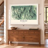 Buckland, Massachusetts map, 24 x 36 inch print in a white frame above a dresser by a staircase
