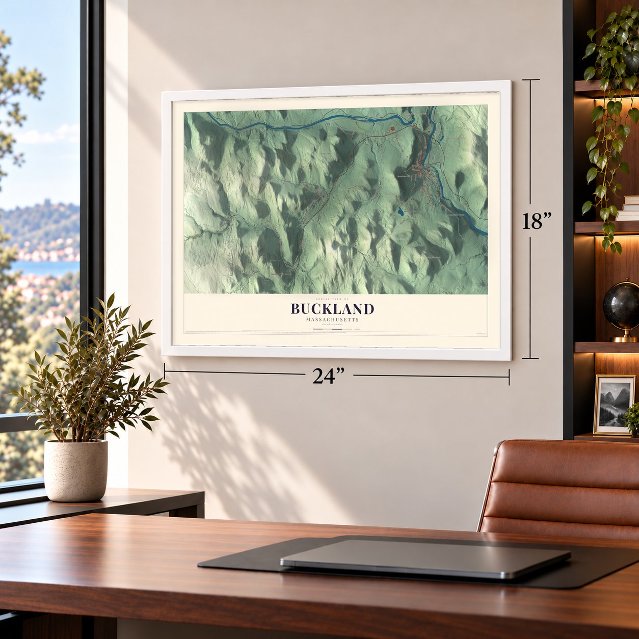 Buckland, Massachusetts map, 18 x 24 inch print in a white frame in a home office
