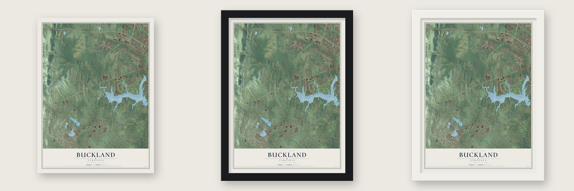 Buckland, Virginia map unframed, in a black wood frame and in a white wood frame