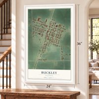 Buckley, Illinois map, 24 x 36 inch print in a white frame by a staircase