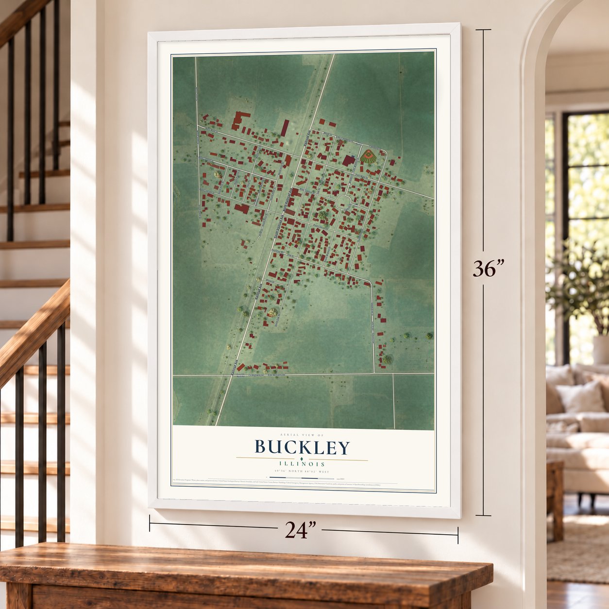Buckley, Illinois map, 24 x 36 inch print in a white frame by a staircase