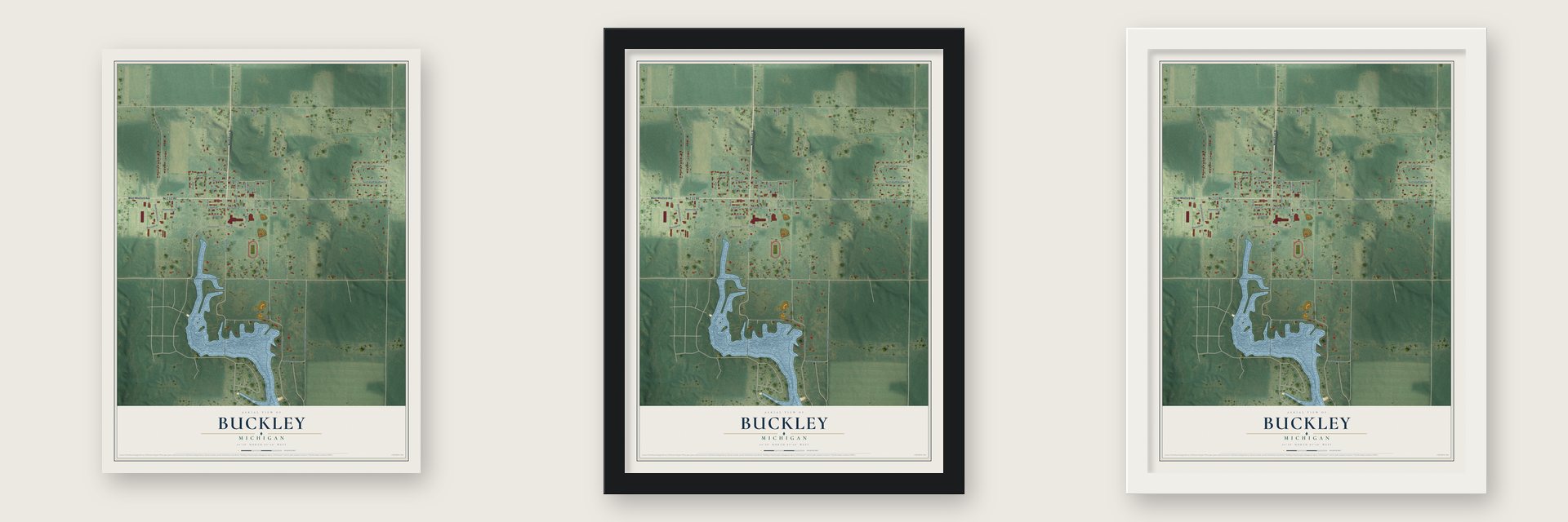 Buckley, Michigan map unframed, in a black wood frame and in a white wood frame