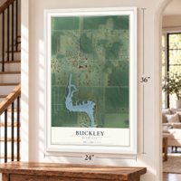 Buckley, Michigan map, 24 x 36 inch print in a white frame by a staircase