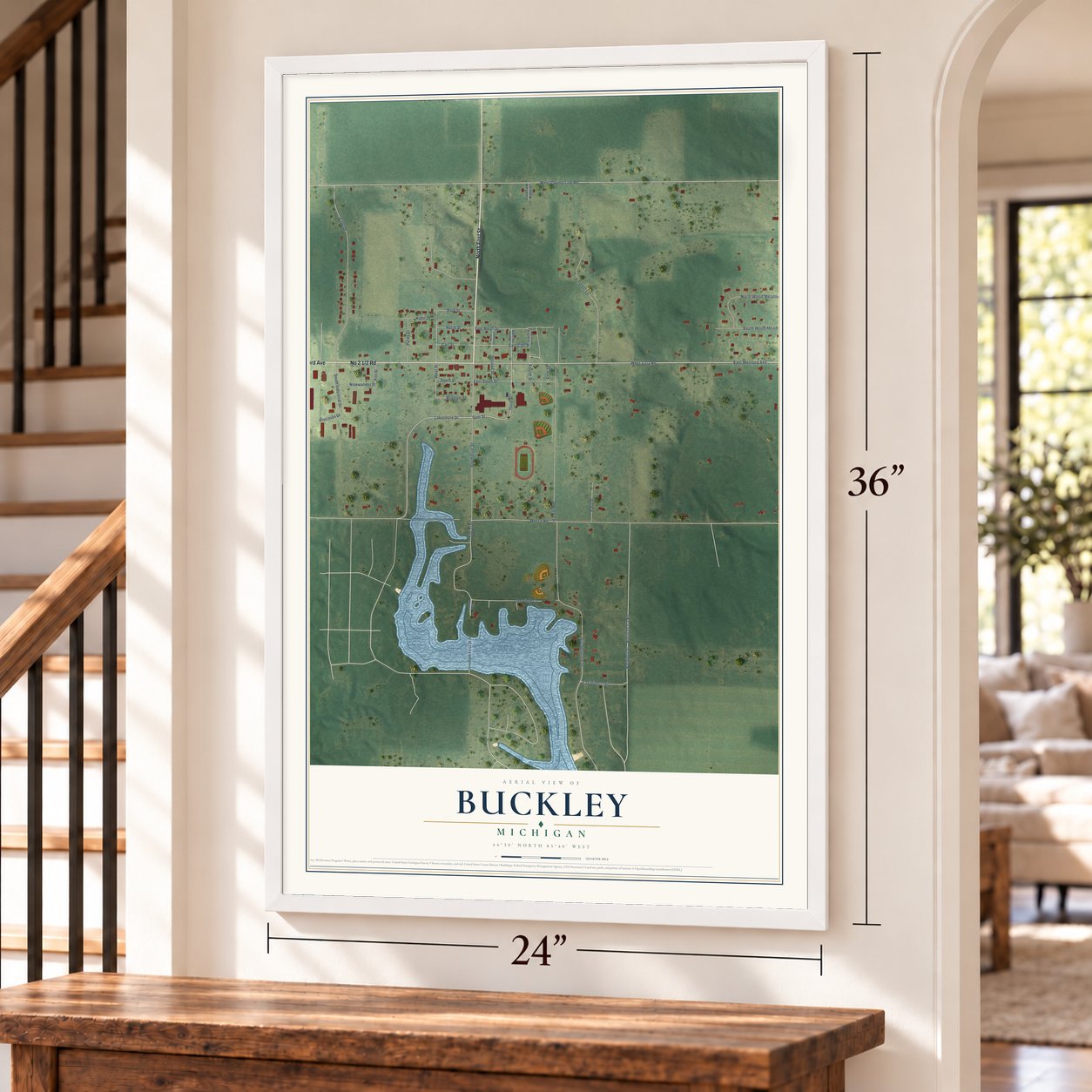 Buckley, Michigan map, 24 x 36 inch print in a white frame by a staircase