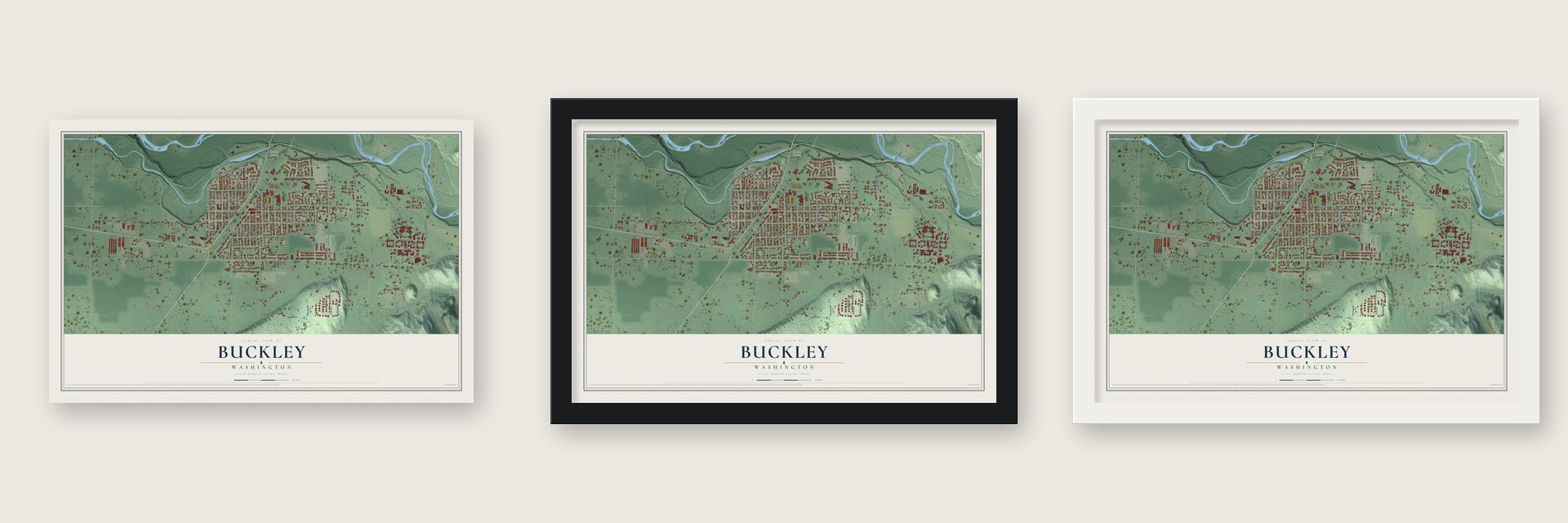 Buckley, Washington map unframed, in a black wood frame and in a white wood frame