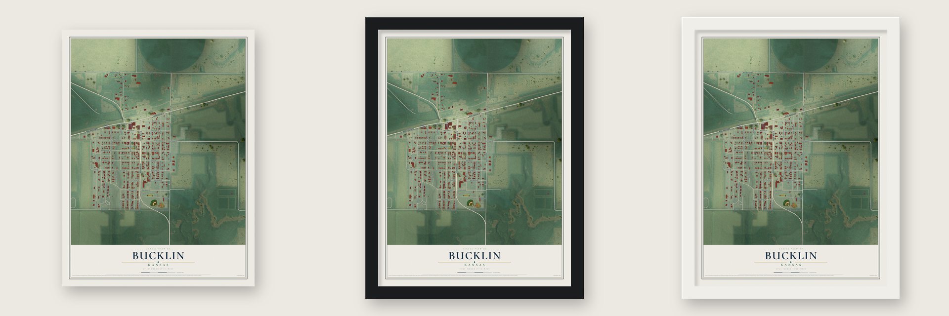 Bucklin, Kansas map unframed, in a black wood frame and in a white wood frame