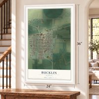 Bucklin, Kansas map, 24 x 36 inch print in a white frame by a staircase