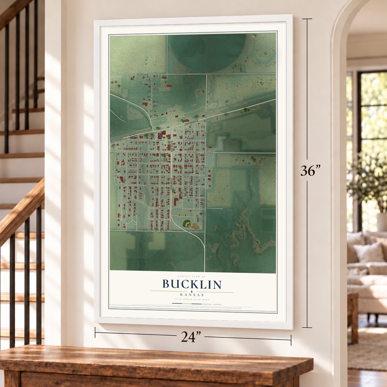 Bucklin, Kansas map, 24 x 36 inch print in a white frame by a staircase