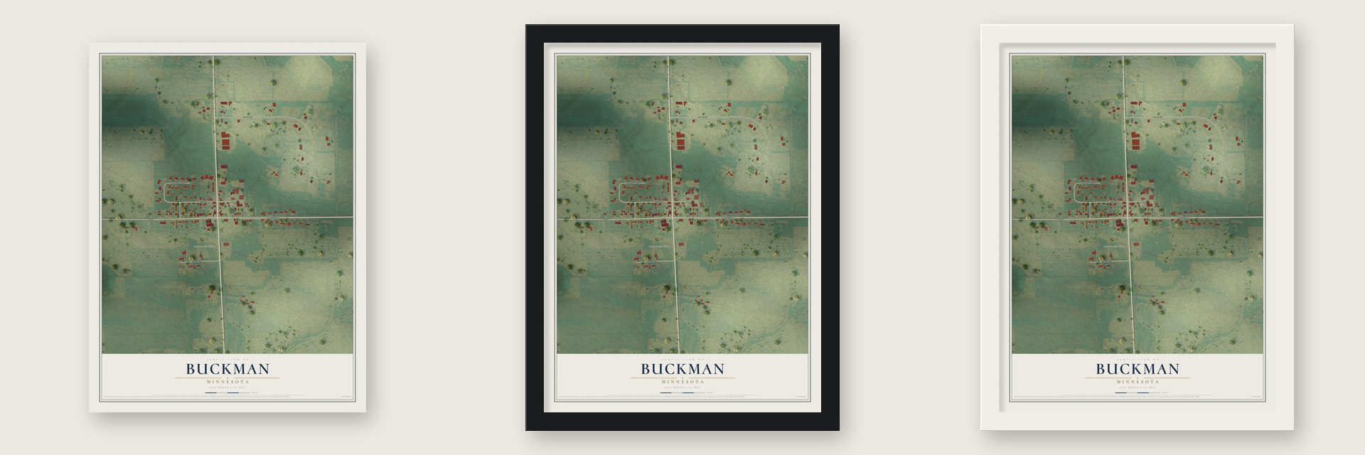 Buckman, Minnesota map unframed, in a black wood frame and in a white wood frame