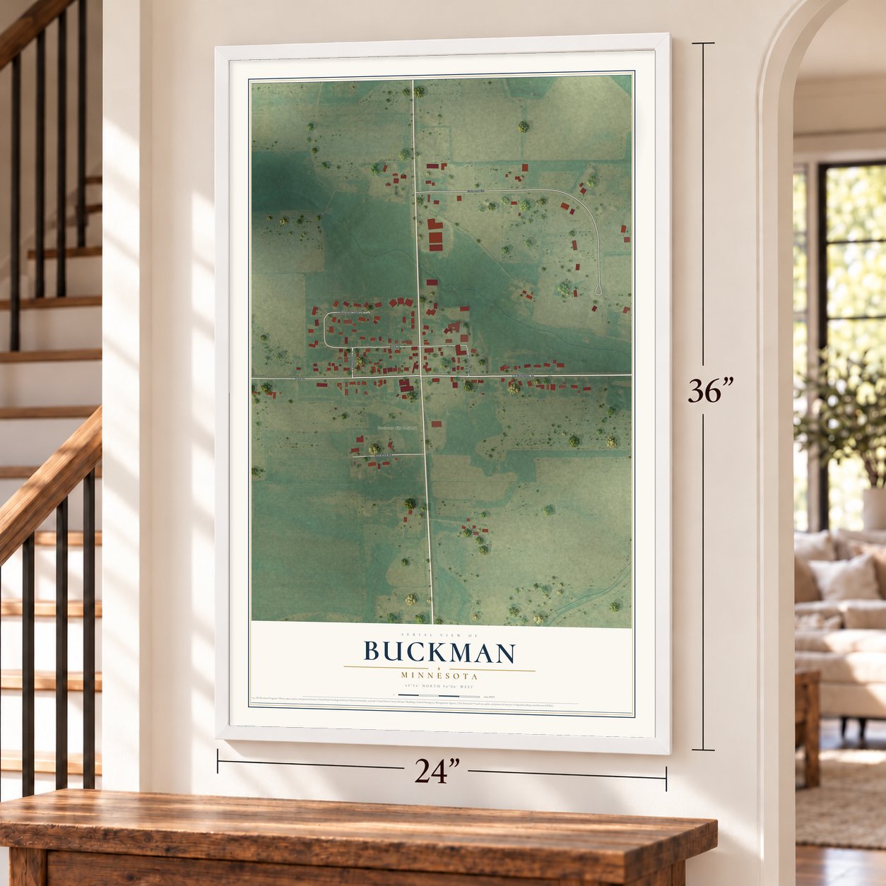 Buckman, Minnesota map, 24 x 36 inch print in a white frame by a staircase