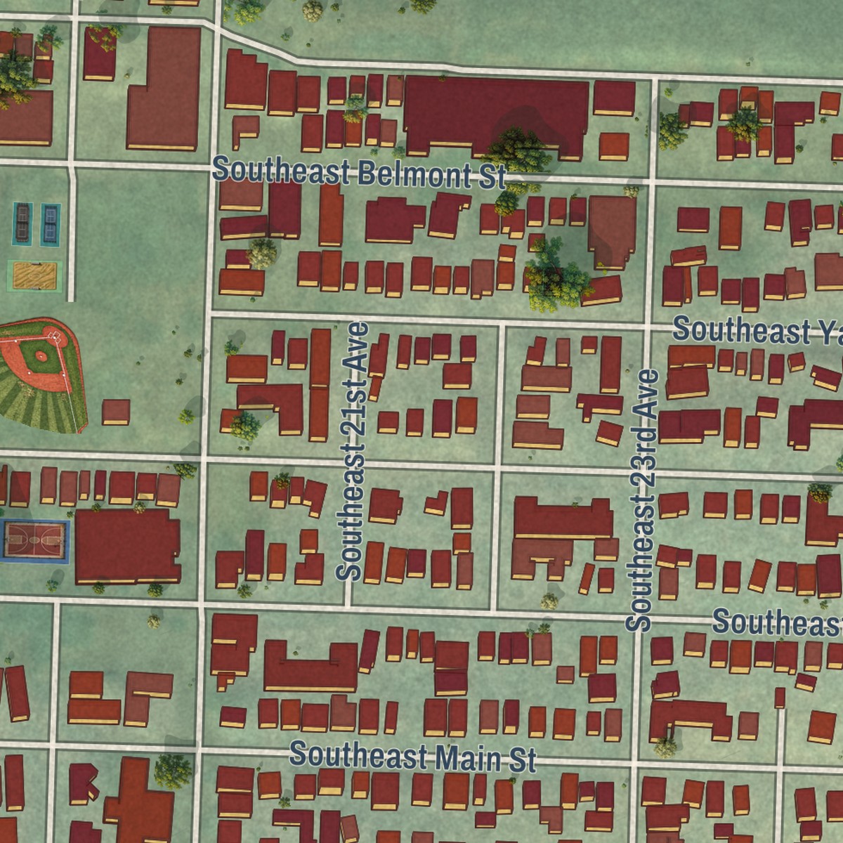 Second close-up of the map of Buckman, Oregon print showing more streets and buildings
