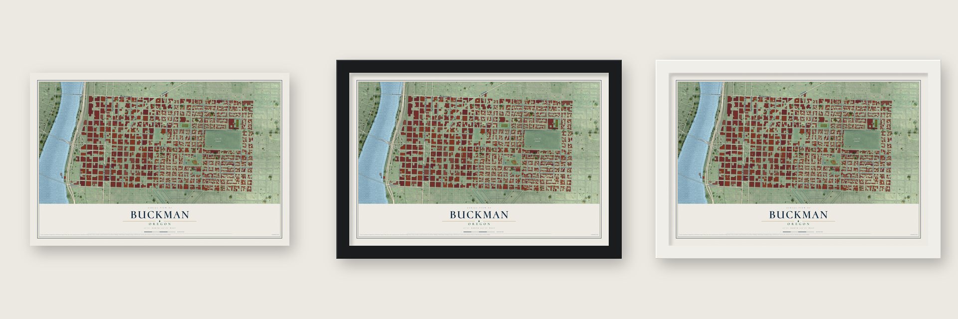 Buckman, Oregon map unframed, in a black wood frame and in a white wood frame