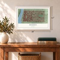 Buckman, Oregon map, 12 x 18 inch print in a white frame in an entryway