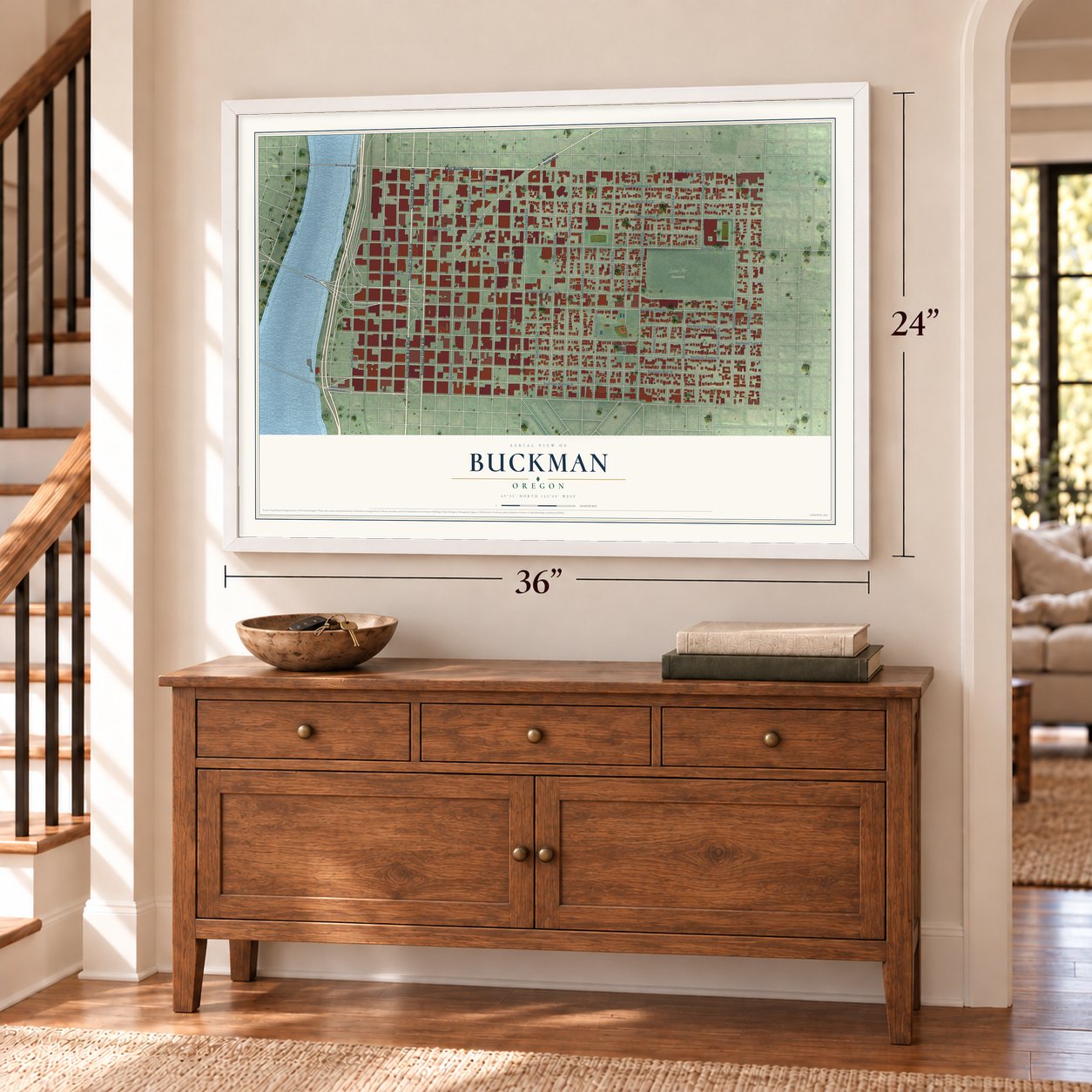Buckman, Oregon map, 24 x 36 inch print in a white frame above a dresser by a staircase