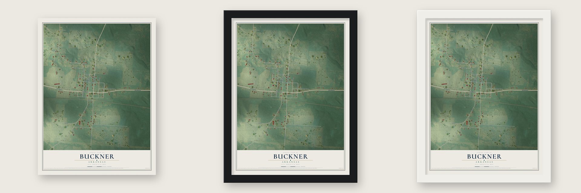 Buckner, Arkansas map unframed, in a black wood frame and in a white wood frame