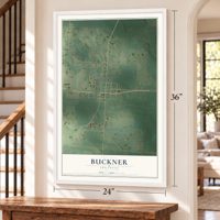 Buckner, Arkansas map, 24 x 36 inch print in a white frame by a staircase