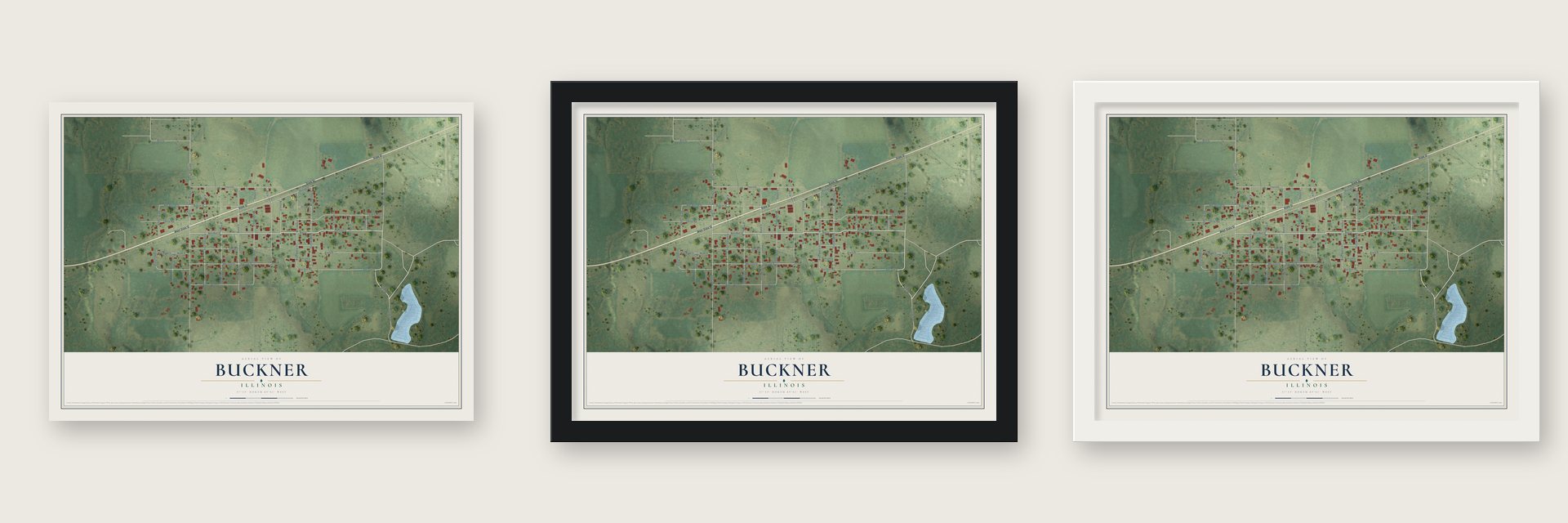 Buckner, Illinois map unframed, in a black wood frame and in a white wood frame