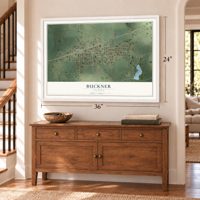 Buckner, Illinois map, 24 x 36 inch print in a white frame above a dresser by a staircase