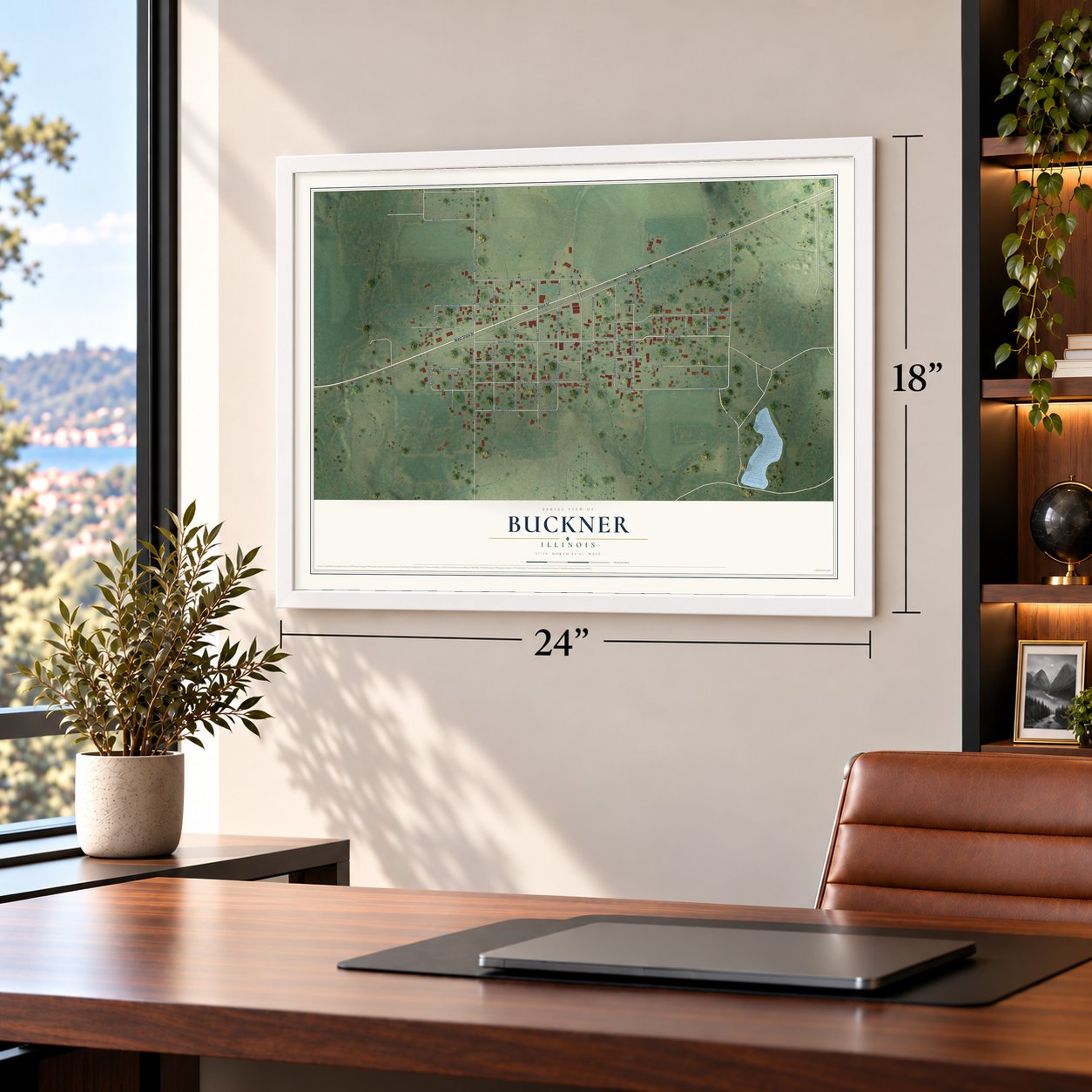 Buckner, Illinois map, 18 x 24 inch print in a white frame in a home office