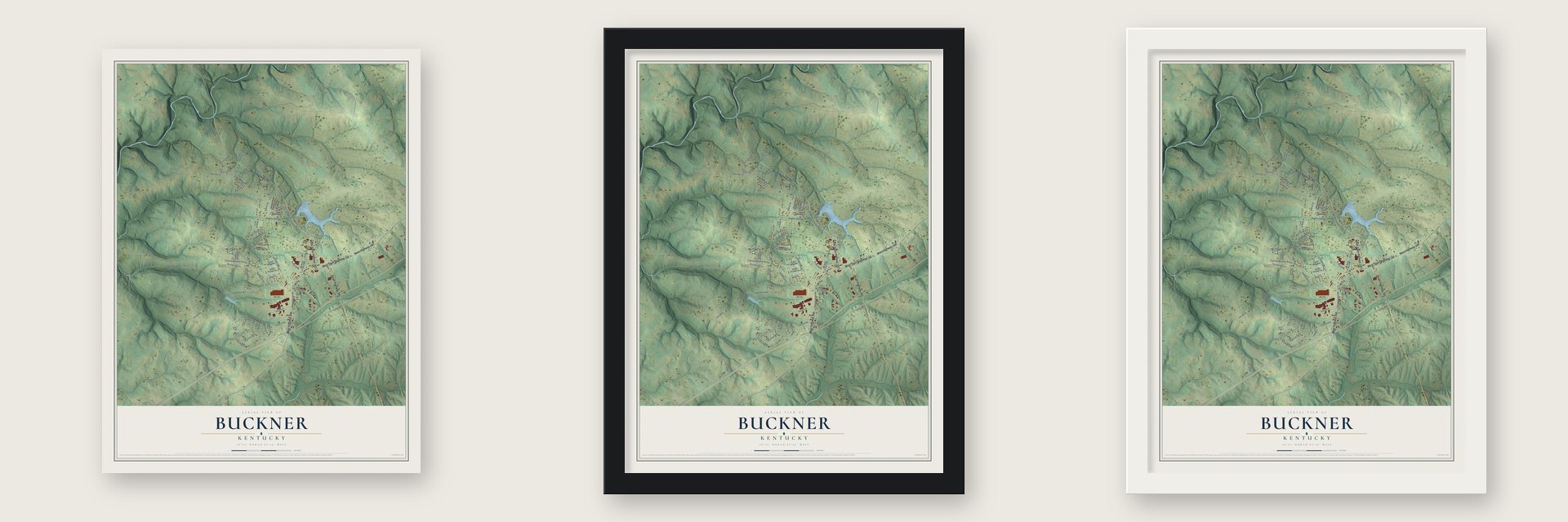 Buckner, Kentucky map unframed, in a black wood frame and in a white wood frame