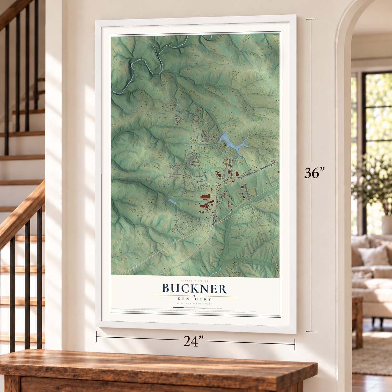 Buckner, Kentucky map, 24 x 36 inch print in a white frame by a staircase