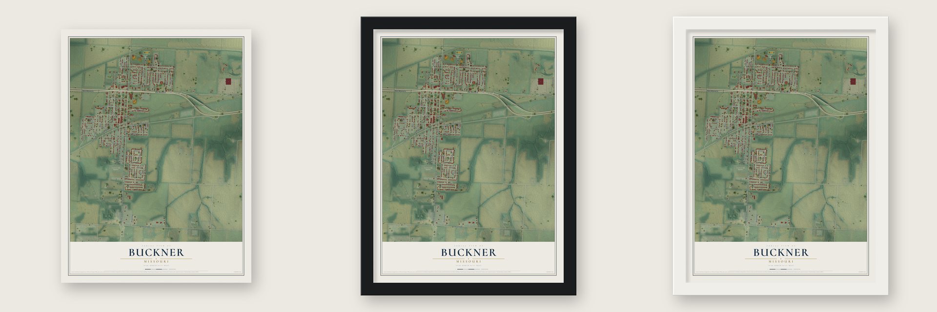Buckner, Missouri map unframed, in a black wood frame and in a white wood frame