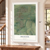 Buckner, Missouri map, 24 x 36 inch print in a white frame by a staircase