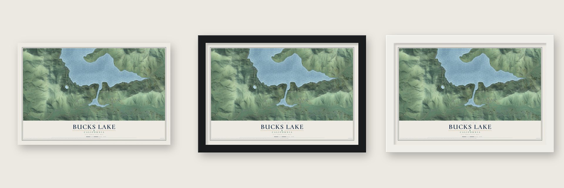 Bucks Lake, California map unframed, in a black wood frame and in a white wood frame