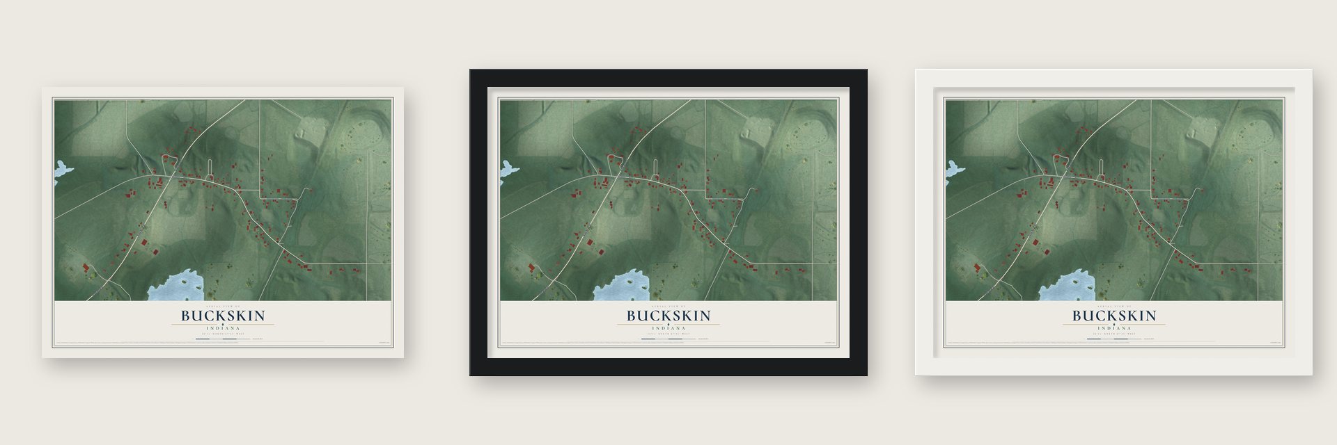 Buckskin, Indiana map unframed, in a black wood frame and in a white wood frame