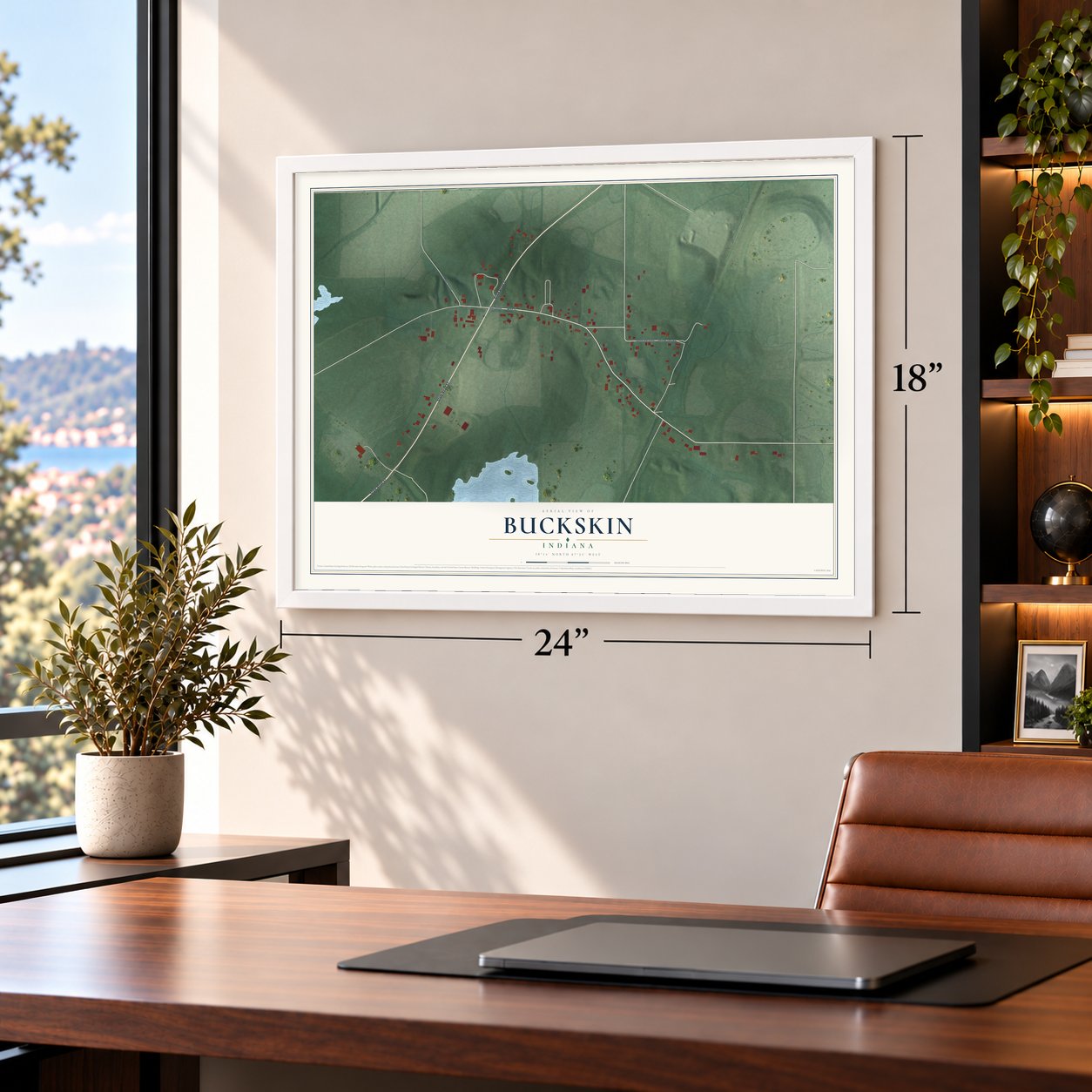 Buckskin, Indiana map, 18 x 24 inch print in a white frame in a home office