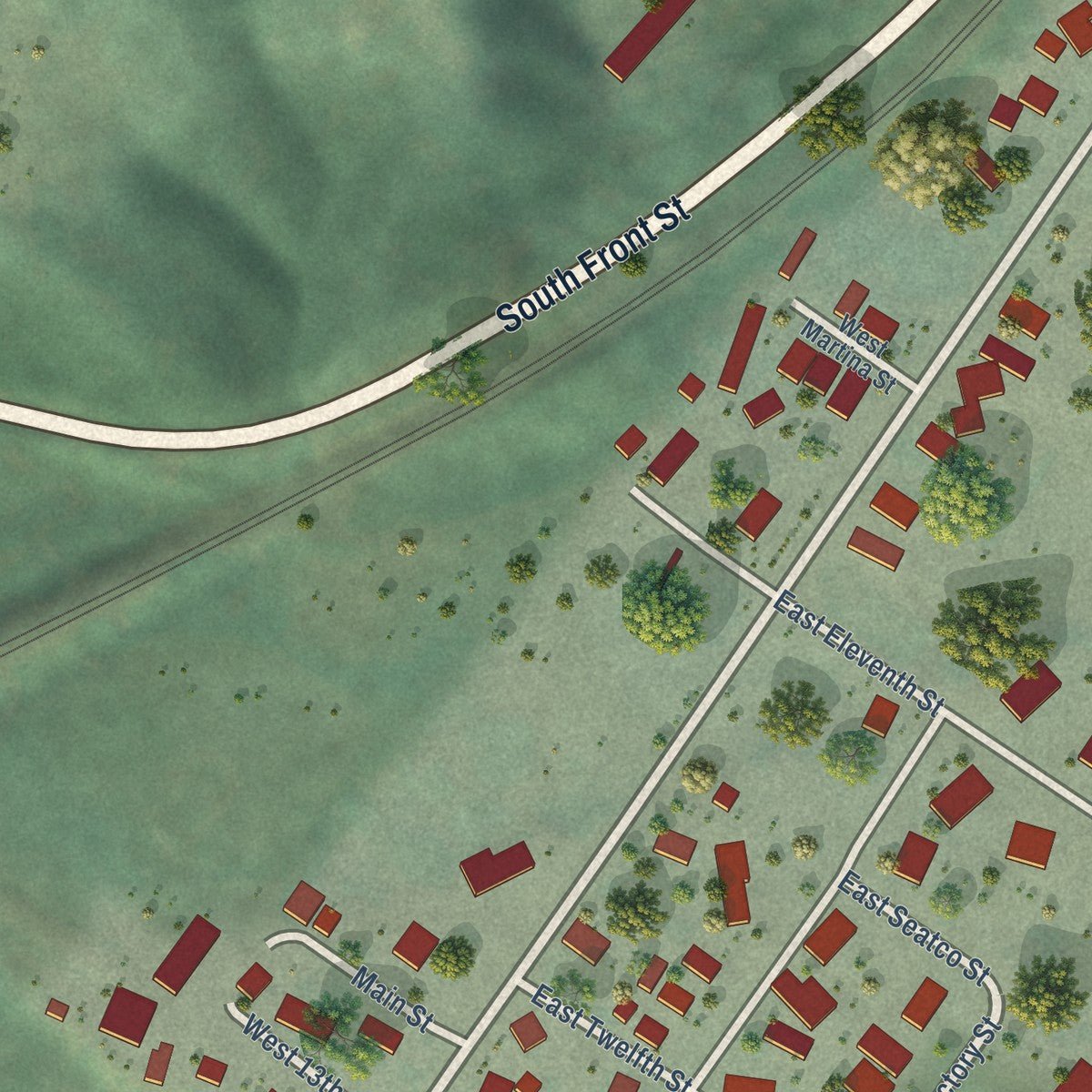 Second close-up of the map of Bucoda, Washington print showing more streets and buildings