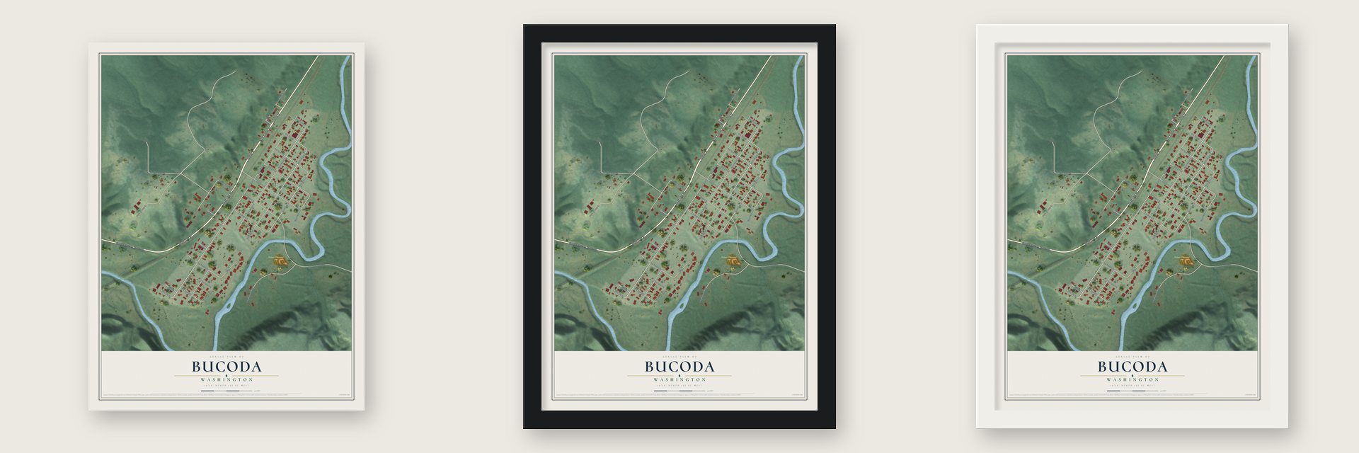 Bucoda, Washington map unframed, in a black wood frame and in a white wood frame
