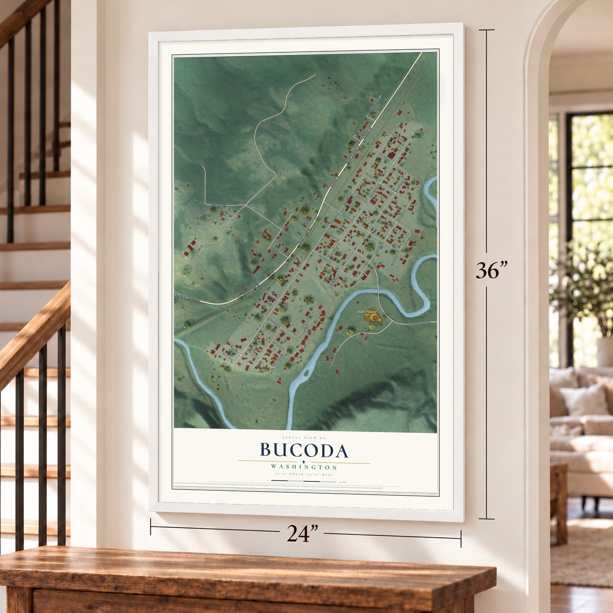Bucoda, Washington map, 24 x 36 inch print in a white frame by a staircase
