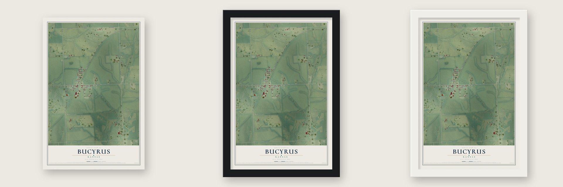 Bucyrus, Kansas map unframed, in a black wood frame and in a white wood frame