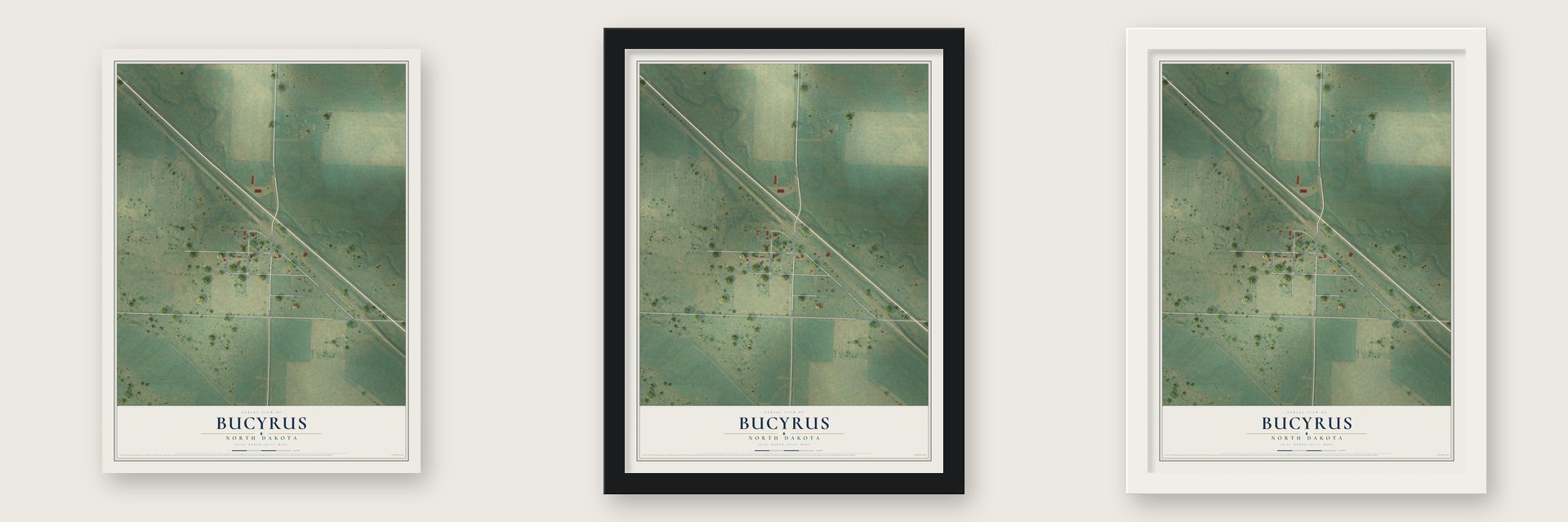 Bucyrus, North Dakota map unframed, in a black wood frame and in a white wood frame