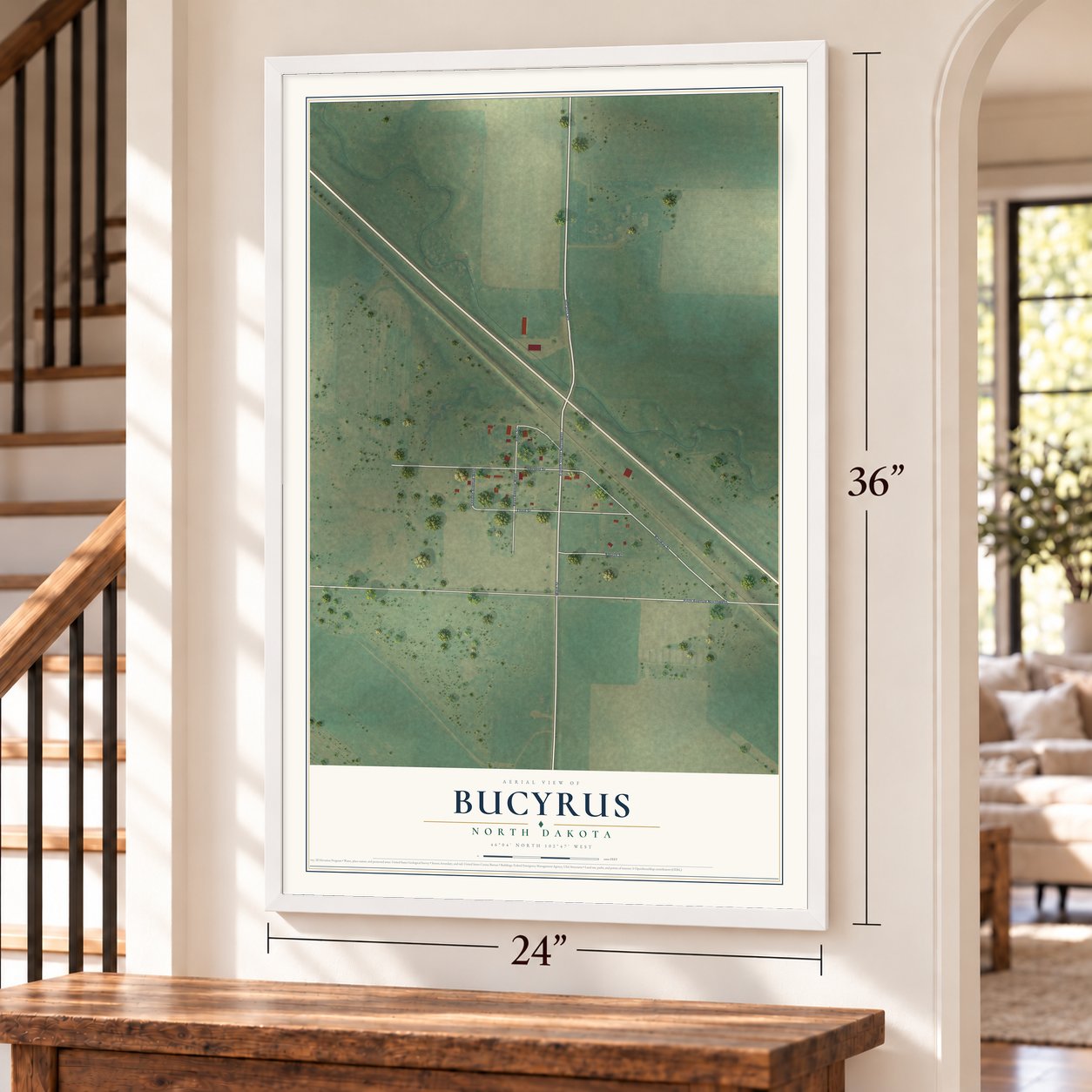 Bucyrus, North Dakota map, 24 x 36 inch print in a white frame by a staircase