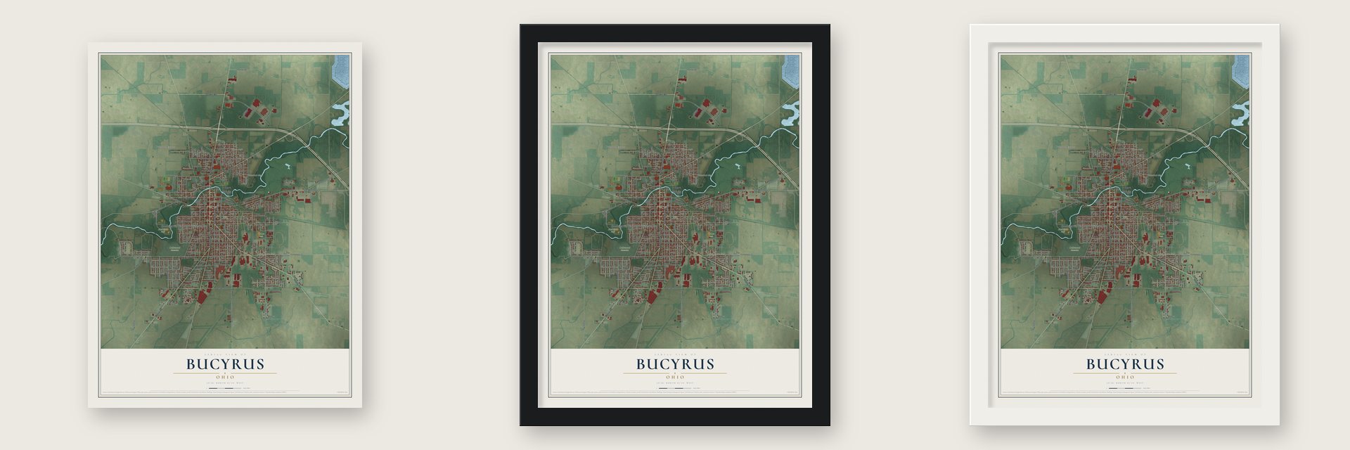 Bucyrus, Ohio map unframed, in a black wood frame and in a white wood frame