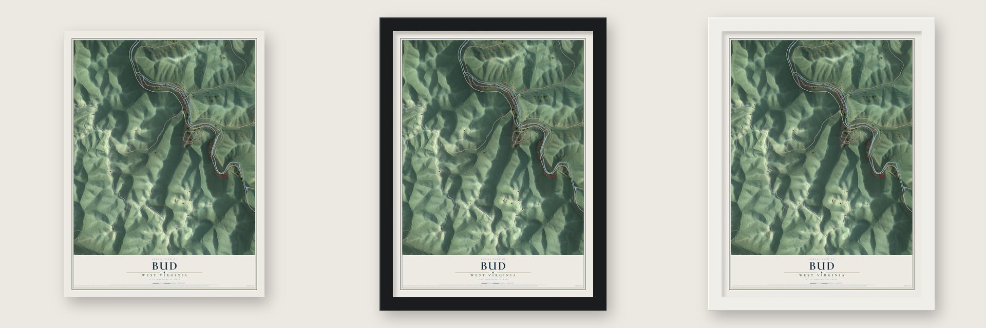 Bud, West Virginia map unframed, in a black wood frame and in a white wood frame
