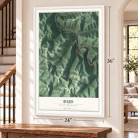 Bud, West Virginia map, 24 x 36 inch print in a white frame by a staircase