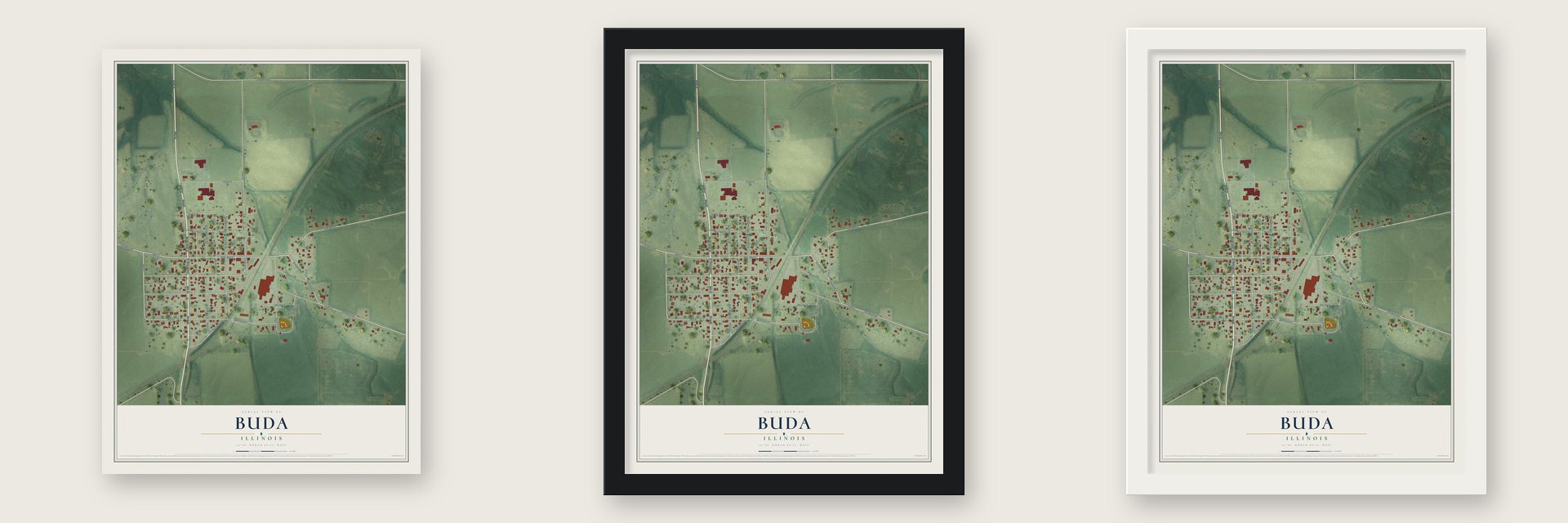 Buda, Illinois map unframed, in a black wood frame and in a white wood frame