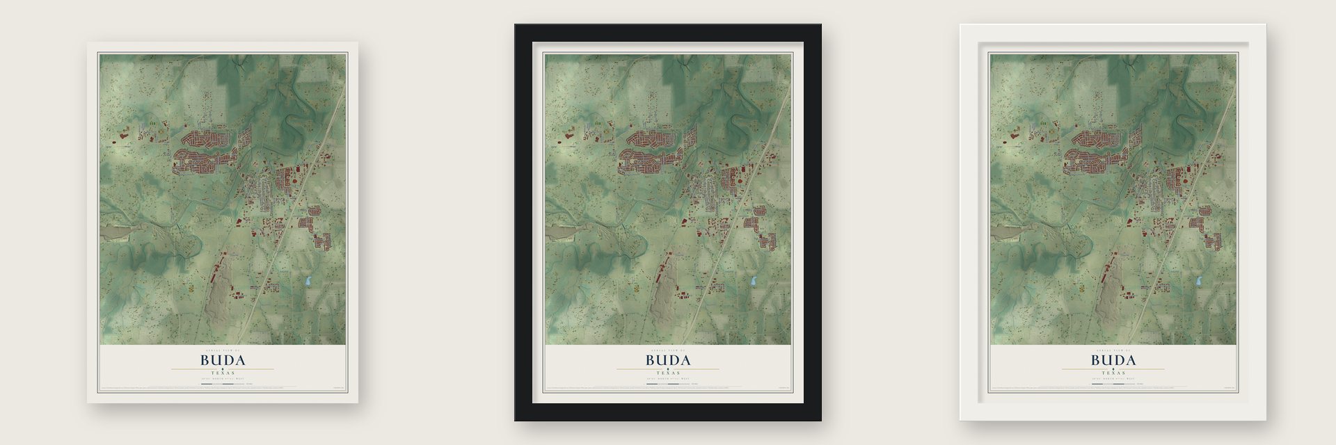 Buda, Texas map unframed, in a black wood frame and in a white wood frame