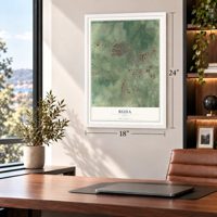 Buda, Texas map, 18 x 24 inch print in a white frame in a home office